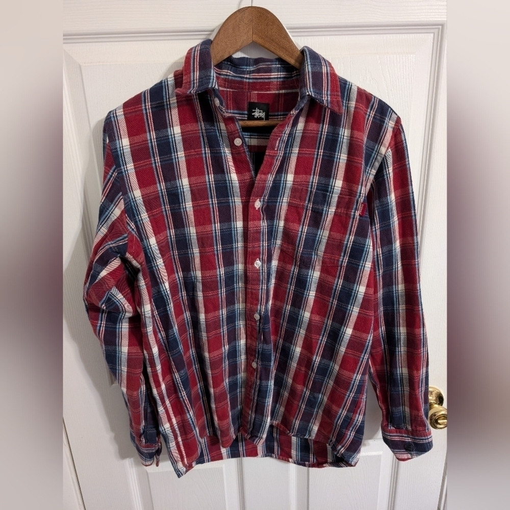 Stussy Mens Shirt Plaid Button Down Long Sleeve Size Medium Top Vintage Blue Red